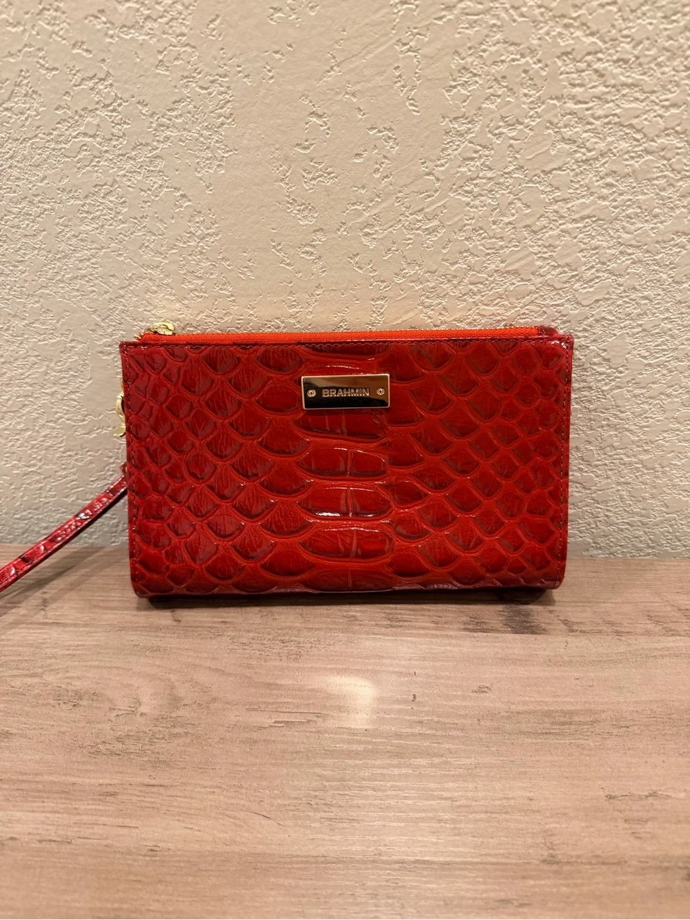 Brahmin Daisy Volcanic Red Croc-Embossed Leather Wristlet